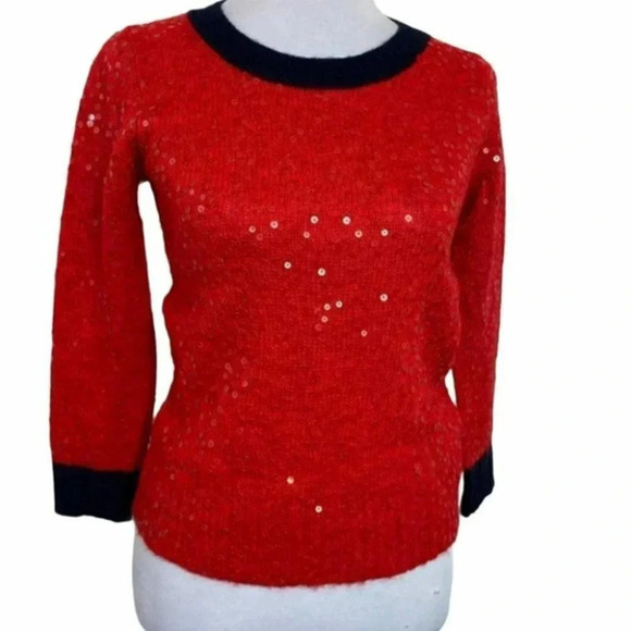 Crew XS red/blue sequins wool/mohair/acrylic blend crew neck‎ sweater - Picture 2 of 8